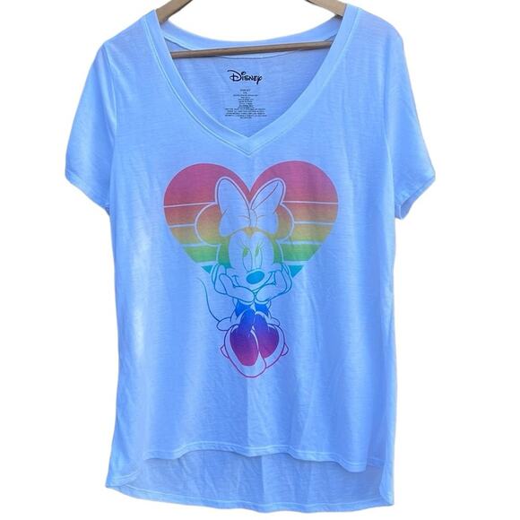 Disney Minnie Mouse rainbow heart white v-neck t-shirt size XXL - Picture 1 of 6